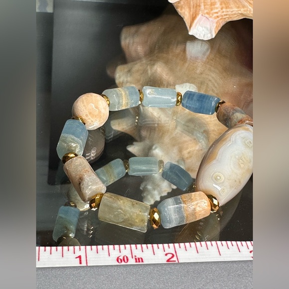 LEMURIAN AQUATINE BARRELS + MUSHROOM JASPER NATURAL STONES BRACELET size 7” - Picture 9 of 12